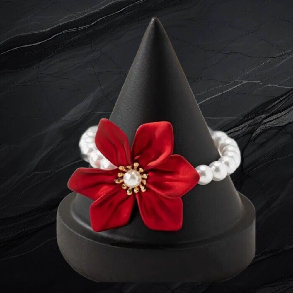 Red Flower Faux Pearl Stretch Bracelet Women Girls Prom Formal